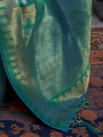 Thumbnail for Mitera Teal & Gold-Toned Ethnic Motifs Zari Silk Blend Kanjeevaram Saree - Distacart