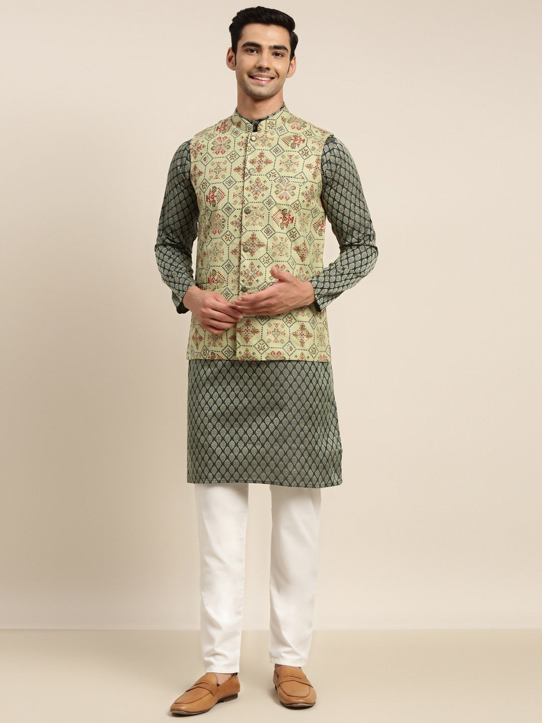 Sojanya Men Green Ethnic Motifs Kurta with Pyjama & Nehru Jacket - Distacart