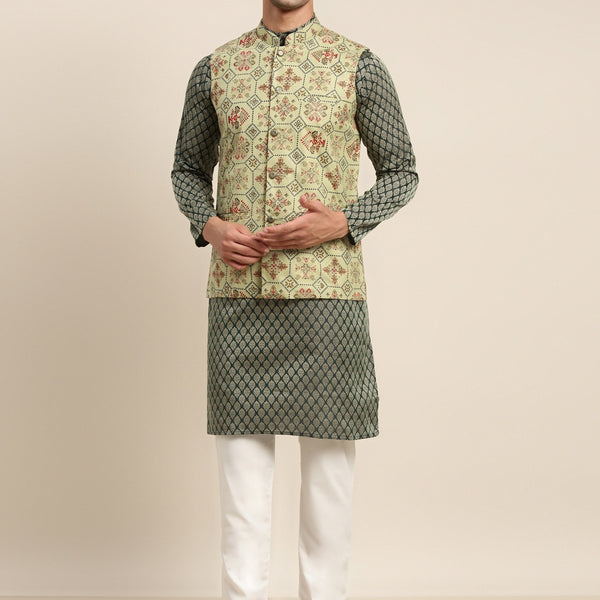 Sojanya Men Green Ethnic Motifs Kurta with Pyjama & Nehru Jacket - Distacart