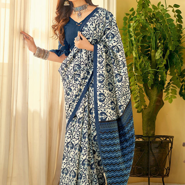 Saree Mall Off White & Blue Ethnic Motifs Dabu Saree - Distacart