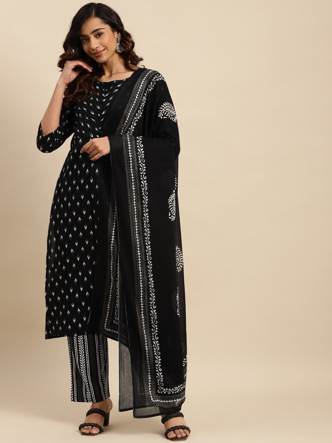 Sangria Black Ethnic Motifs Printed Pure-Cotton Straight Kurta With Trouser & Dupatta - Distacart