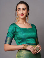 Thumbnail for Mitera Teal & Gold-Toned Woven Design Zari Silk Blend Banarasi Saree - Distacart