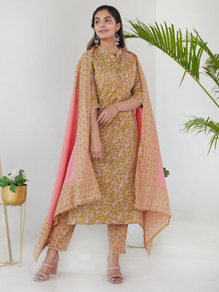 HERE&NOW Women Mustard Yellow Floral Printed Pure Cotton Kurta Set - Distacart