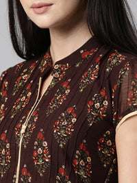 Thumbnail for Souchii Women Brown & Red Floral Printed Block Print Kurta - Distacart