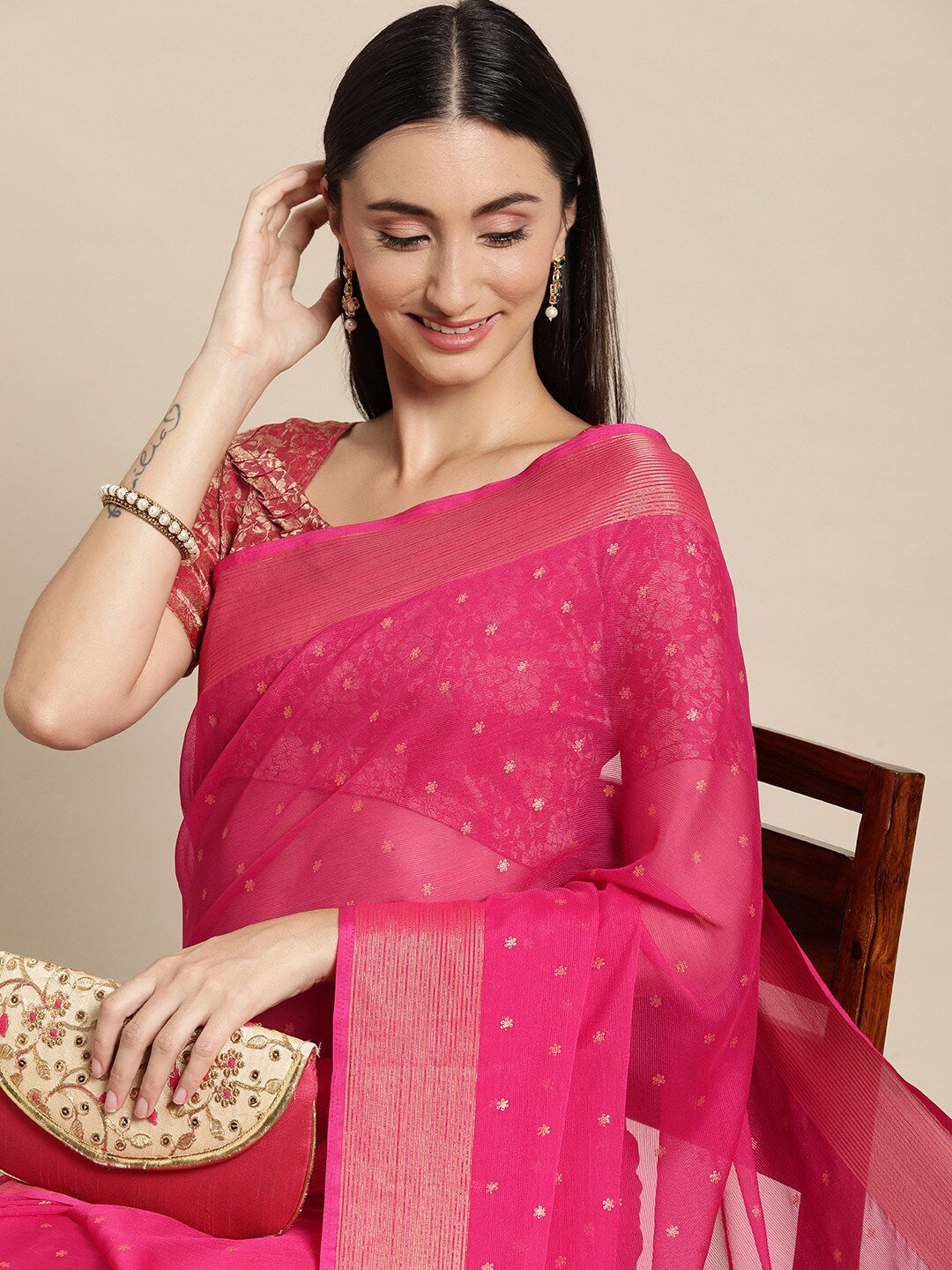 Mitera Pink & Gold-Toned Floral Zari Pure Chiffon Saree - Distacart