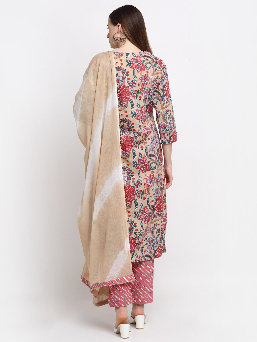 Kalini Women Beige Floral Printed Pleated Thread Work Pure Cotton Kurti with Trousers & With Dupatta - Distacart