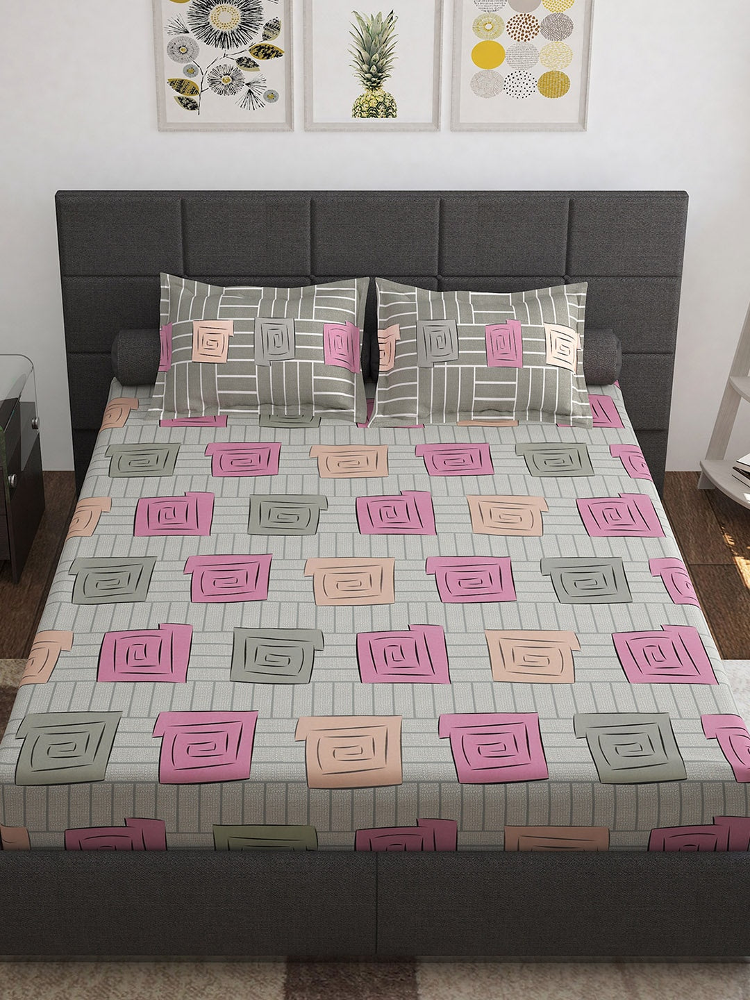 Story@home Beige & White Geometric Cotton 152 TC Queen Bedsheet With 2 Pillow Covers - Distacart