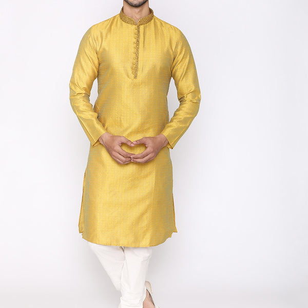 Manyavar Men Yellow & White Self Design Kurta with Churidar - Distacart