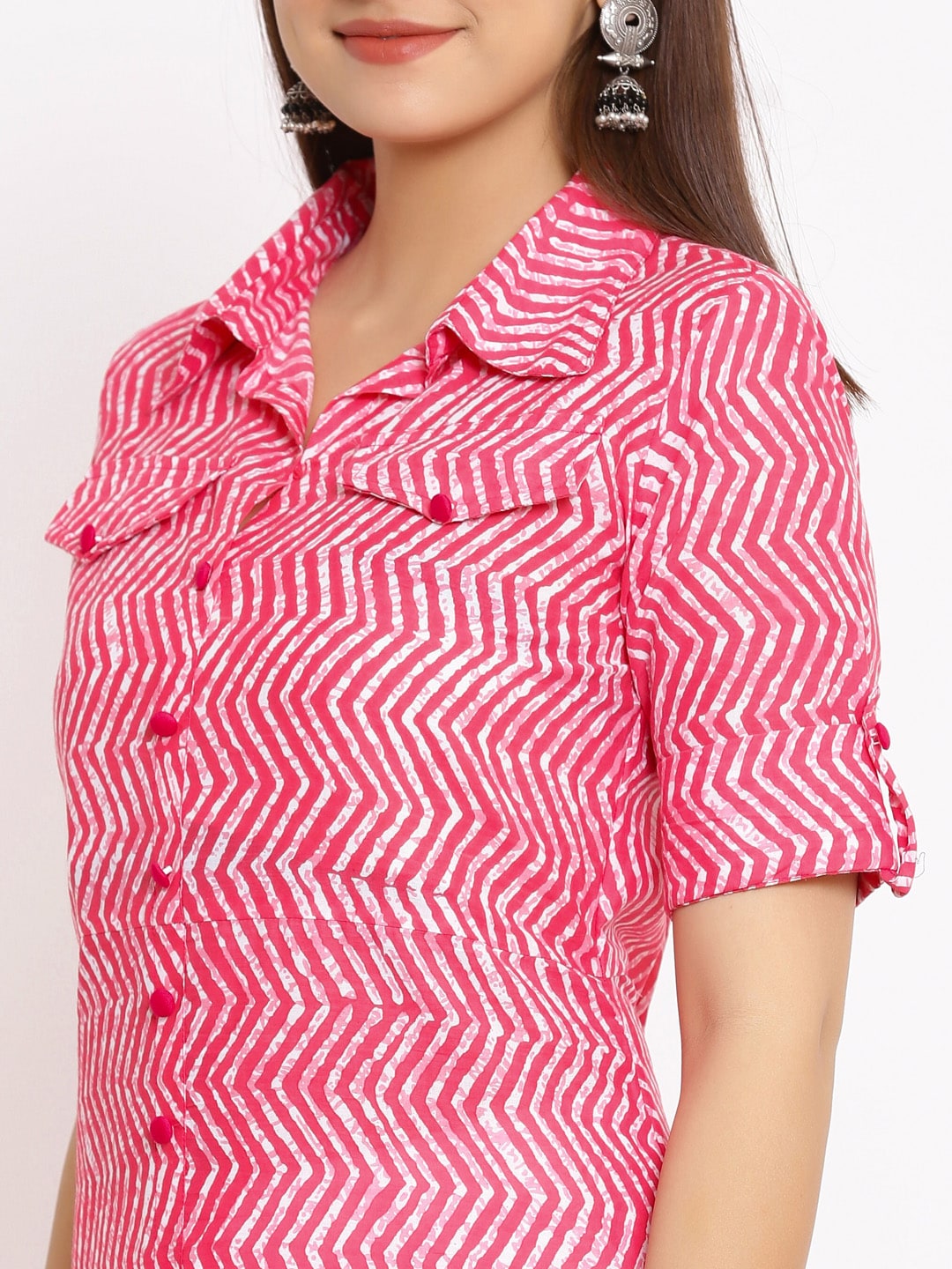 HERE&NOW Pink Shirt Collar Chevron Printed Roll Up Sleeves A-Line Kurta - Distacart