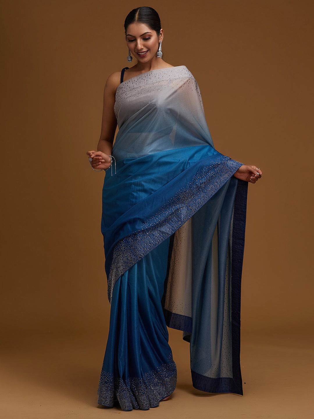 Koskii Blue & Gold-Toned Beads and Stones Tissue Saree - Distacart