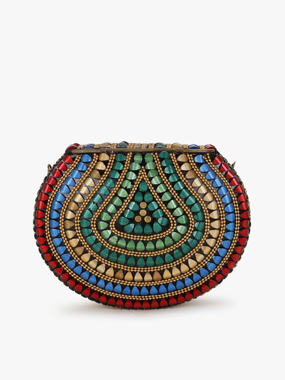 Anekaant Red & Blue Embellished Half Moon Clutch - Distacart