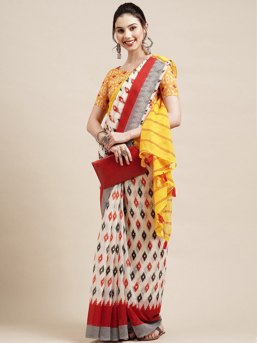 Saree Mall Off White & Red Pure Cotton Saree - Distacart