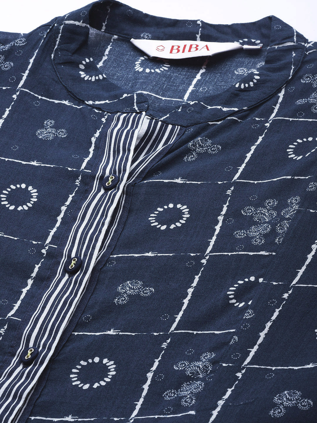 Biba Women Navy Blue & White Ethnic Motifs Printed Kurta with Inner - Distacart