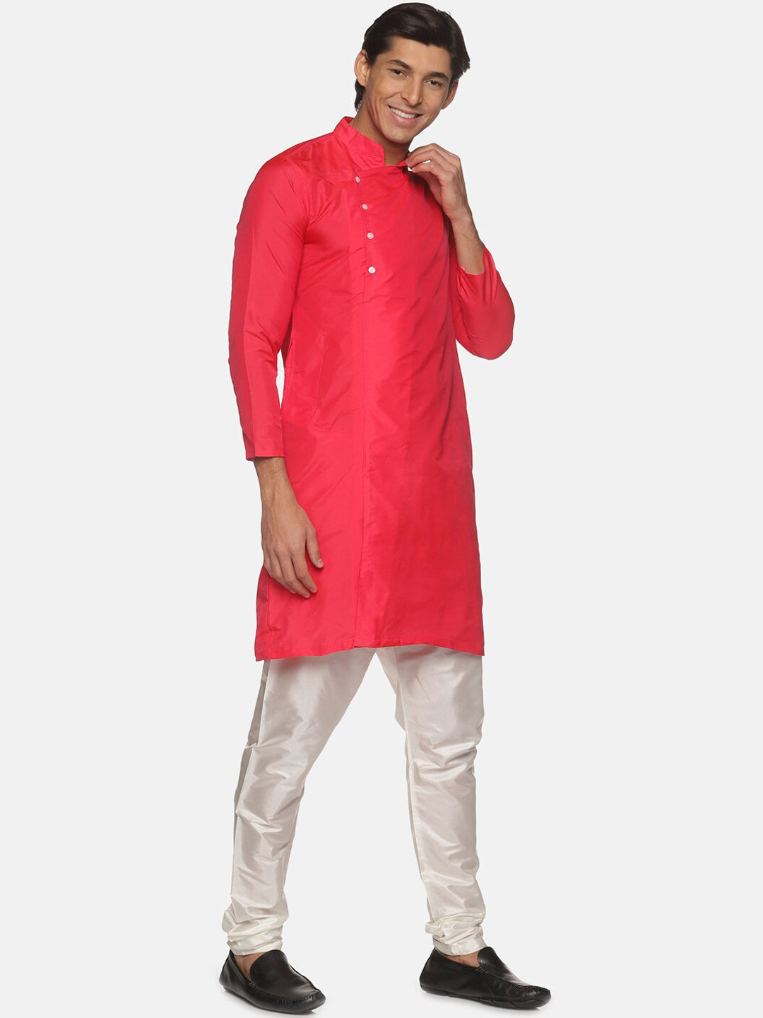 Sethukrishna Men Rose Pink Solid Angrakha Kurta with Pyjamas - Distacart