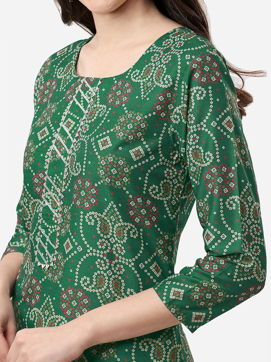 HERE&NOW Women Green Bandhani Printed Gotta Patti Pure Silk Kurta with Trousers - Distacart