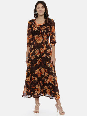 Souchii Brown & Orange Floral Printed Chiffon Maxi Dress - Distacart