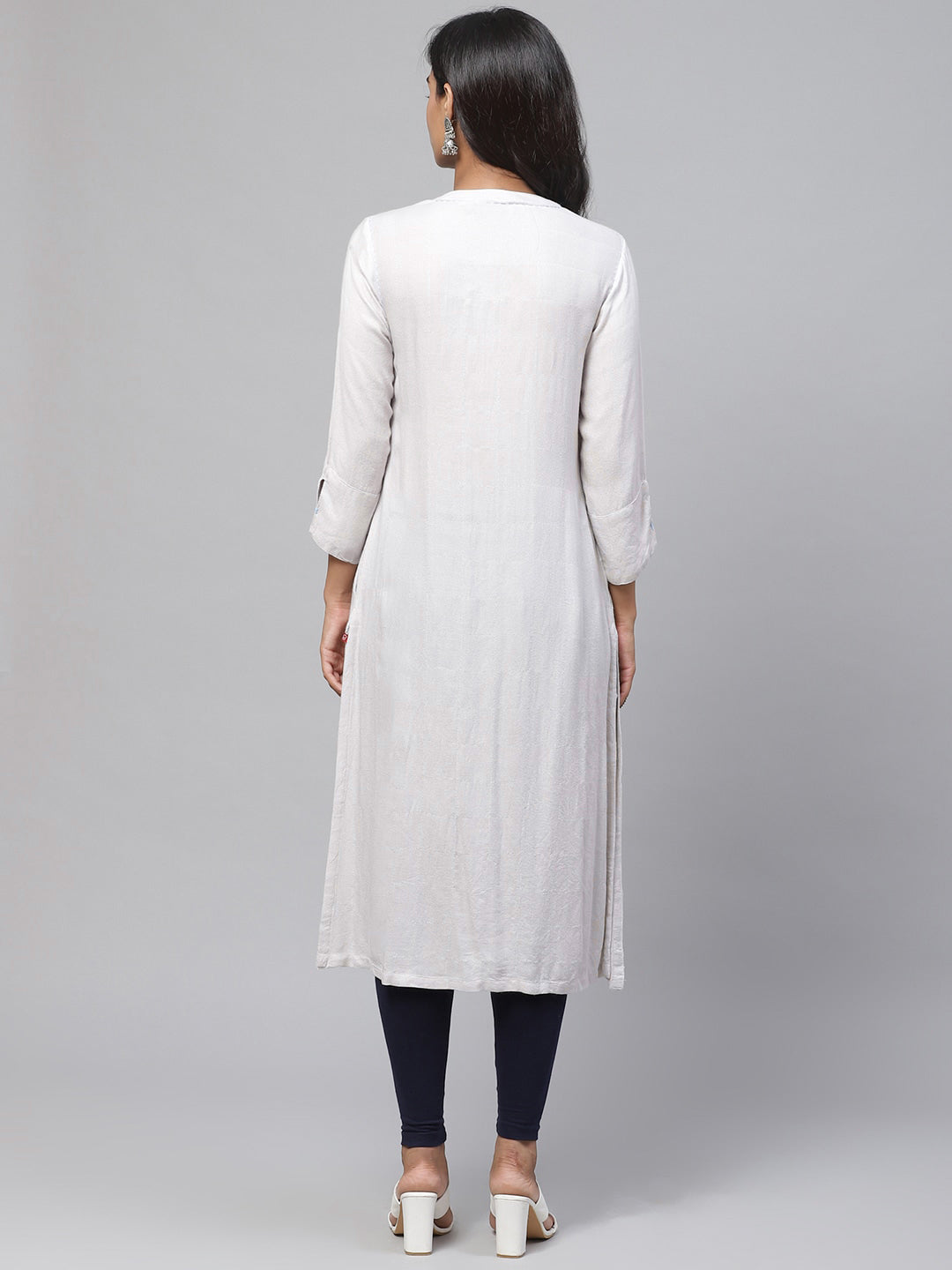 Biba Women Off-White & Silver Checked Straight Kurta - Distacart