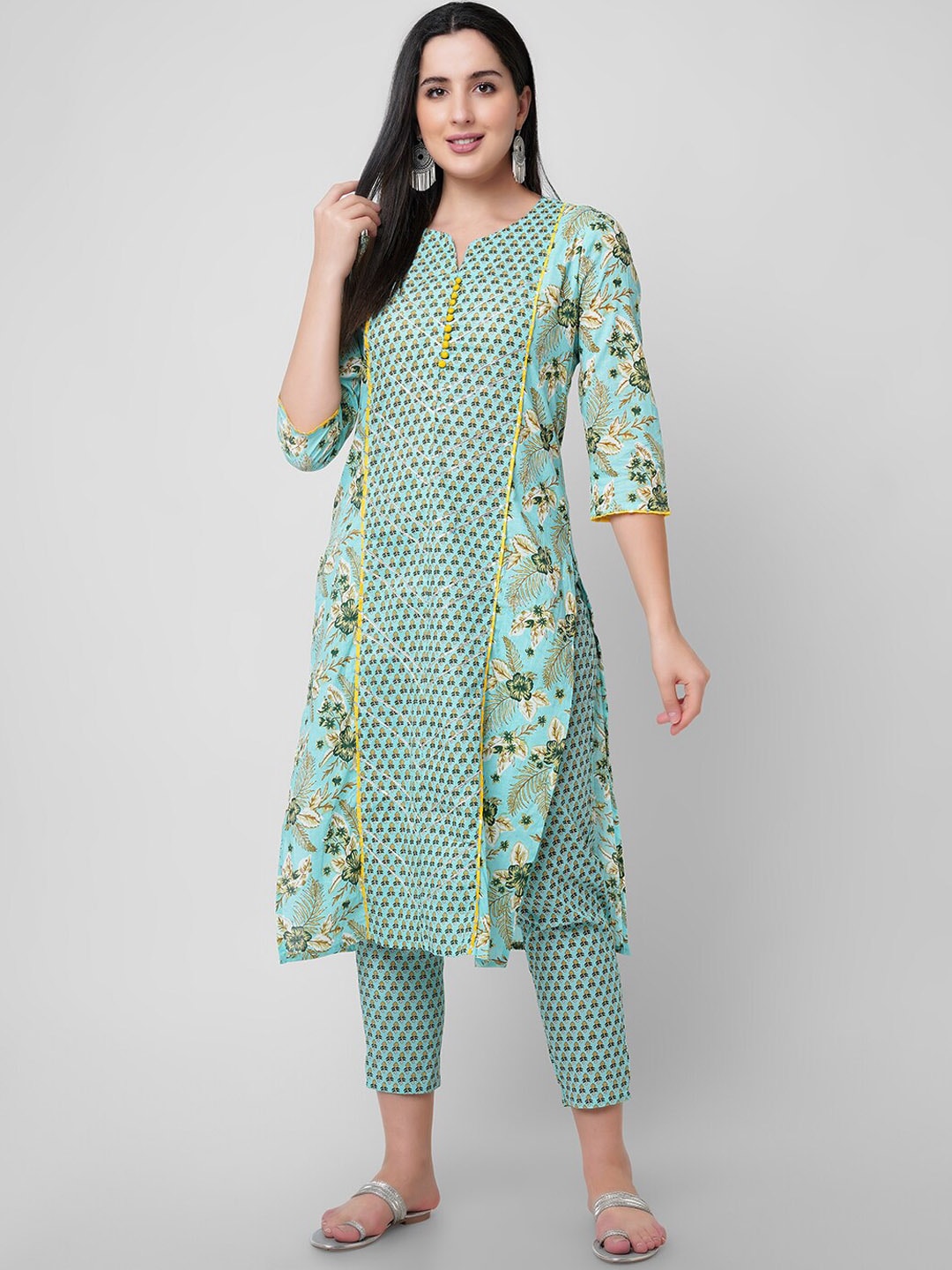 Kalini Floral Printed Regular Gotta Patti Pure Cotton Kurta with Trousers - Distacart