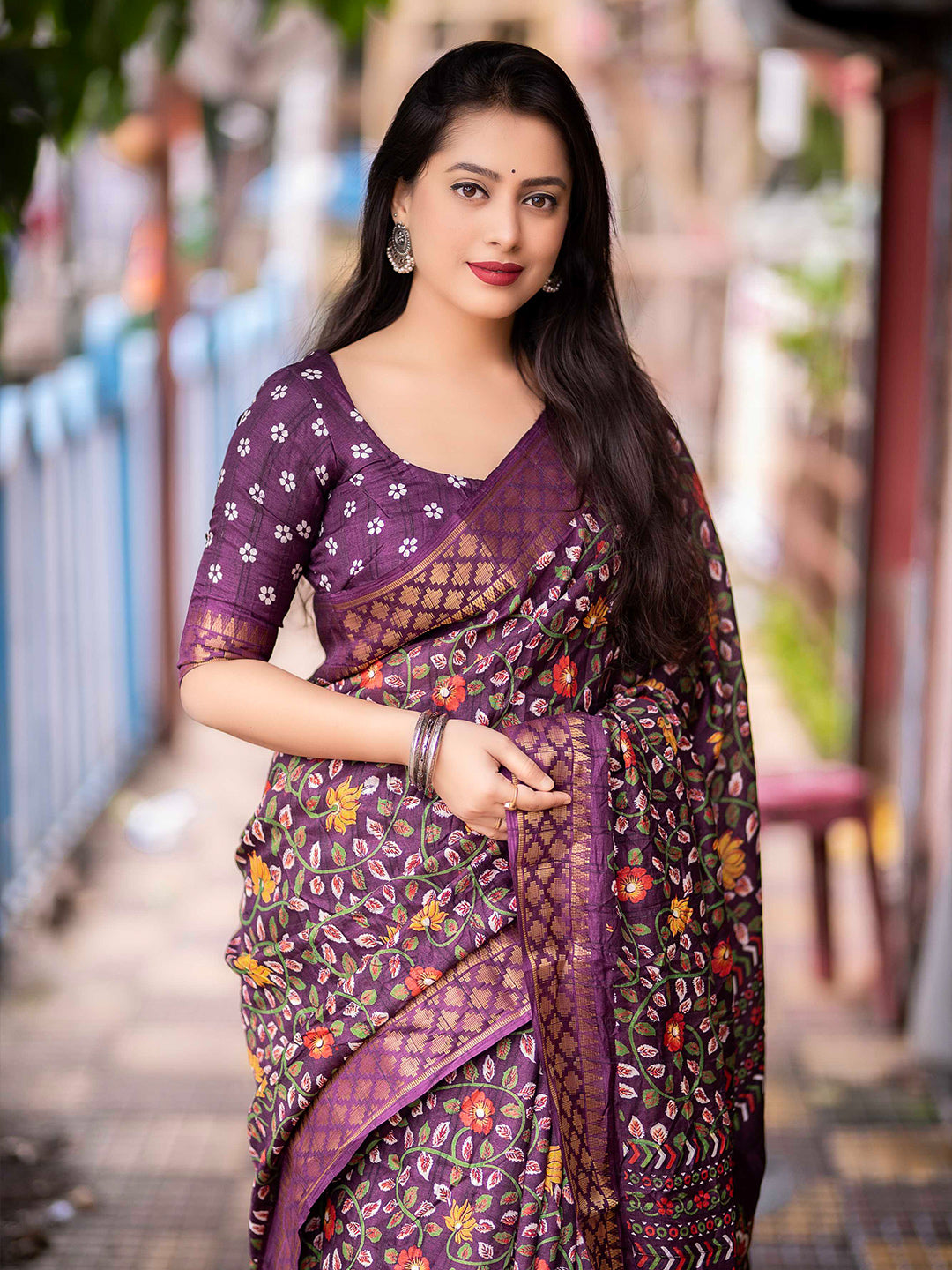 Mitera Purple Kalamkari Printed Zari Woven Design Saree - Distacart