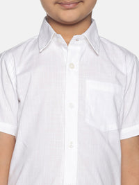 Thumbnail for Sethukrishna Boys White & Gold Solid Pure Cotton Shirt & Veshti Set - Distacart