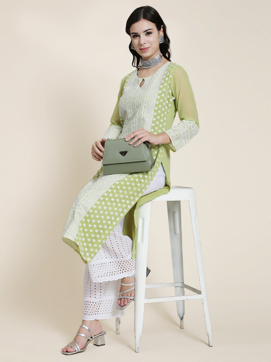 Kalini Women Green Geometric Embroidered Keyhole Neck Thread Work Floral Georgette Kurta - Distacart