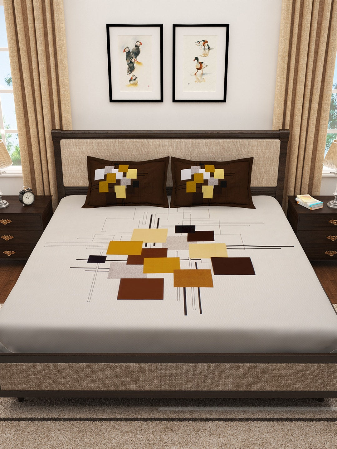 Story@home Cream-Coloured & Brown Abstract 300 TC Cotton 1 King Bedsheet with 2 Pillow Covers - Distacart