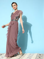 Thumbnail for Mitera Mauve Sequinned Pure Georgette Ready to Wear Saree With Shrug - Distacart