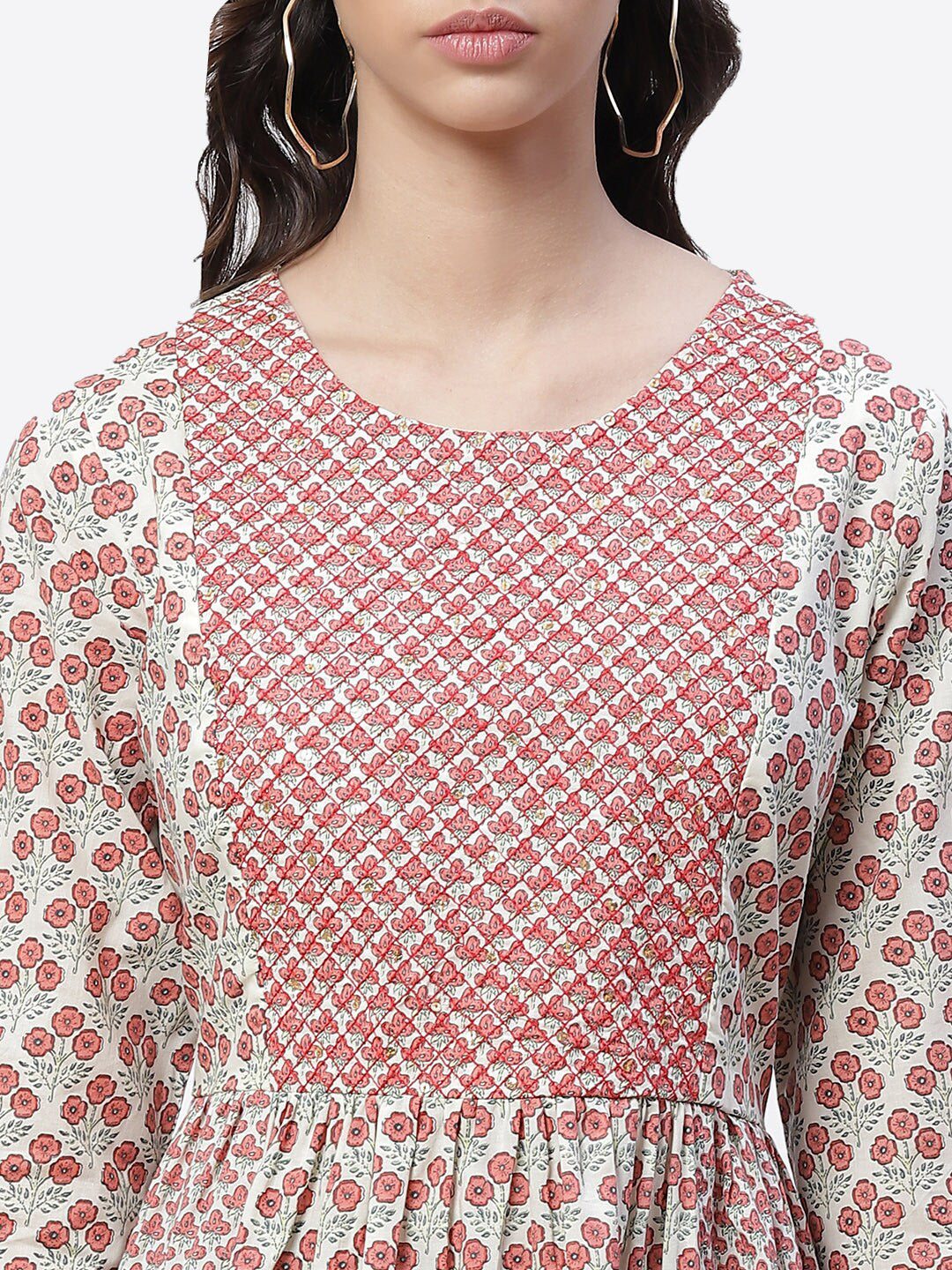 Biba Women Cream-Coloured Ethnic Motifs Printed Flared Sleeves Anarkali Kurta - Distacart