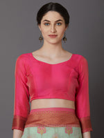 Thumbnail for Mitera Sea Green & Pink Silk Blend Woven Design Banarasi Saree - Distacart