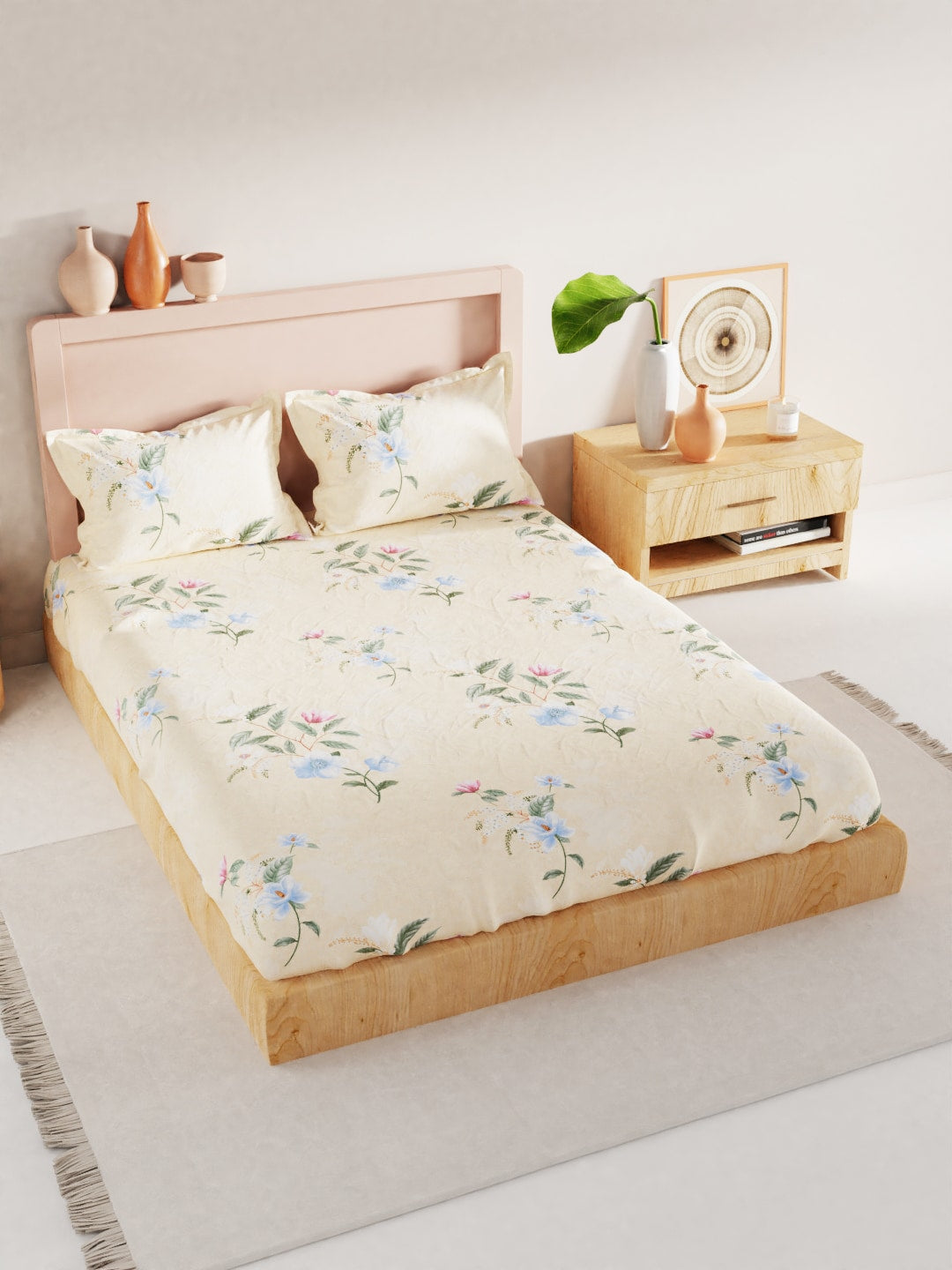 BIANCA Yellow & Blue Floral 186 TC King Bedsheet with 2 Pillow Covers - Distacart