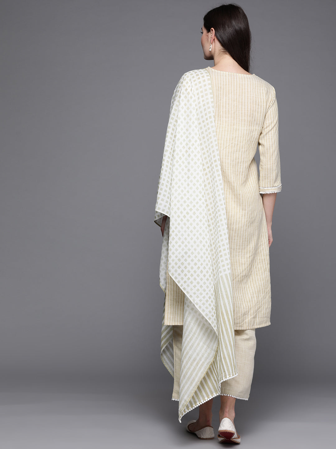 Biba Women Green & White Striped Kurta with Palazzos & Dupatta - Distacart