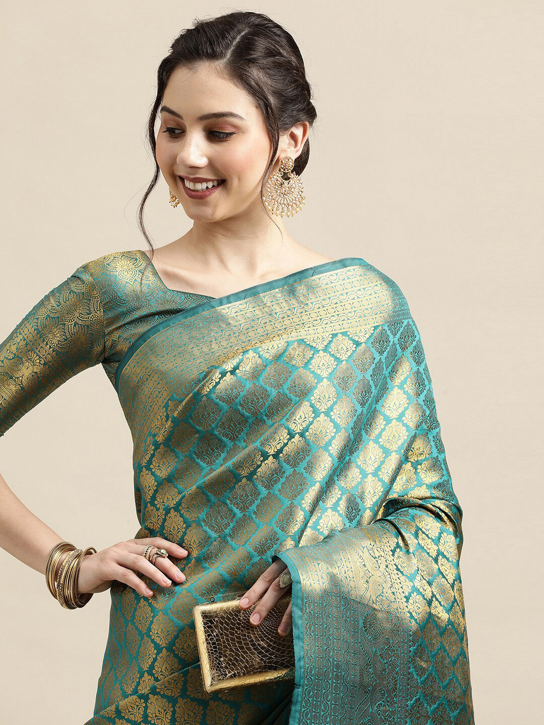 Saree Mall Blue & Gold-Toned Woven Design Zari Silk Blend Banarasi Saree - Distacart