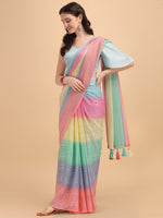 Thumbnail for Sangria Blue & Pink Georgette Striped Zari Work Saree - Distacart