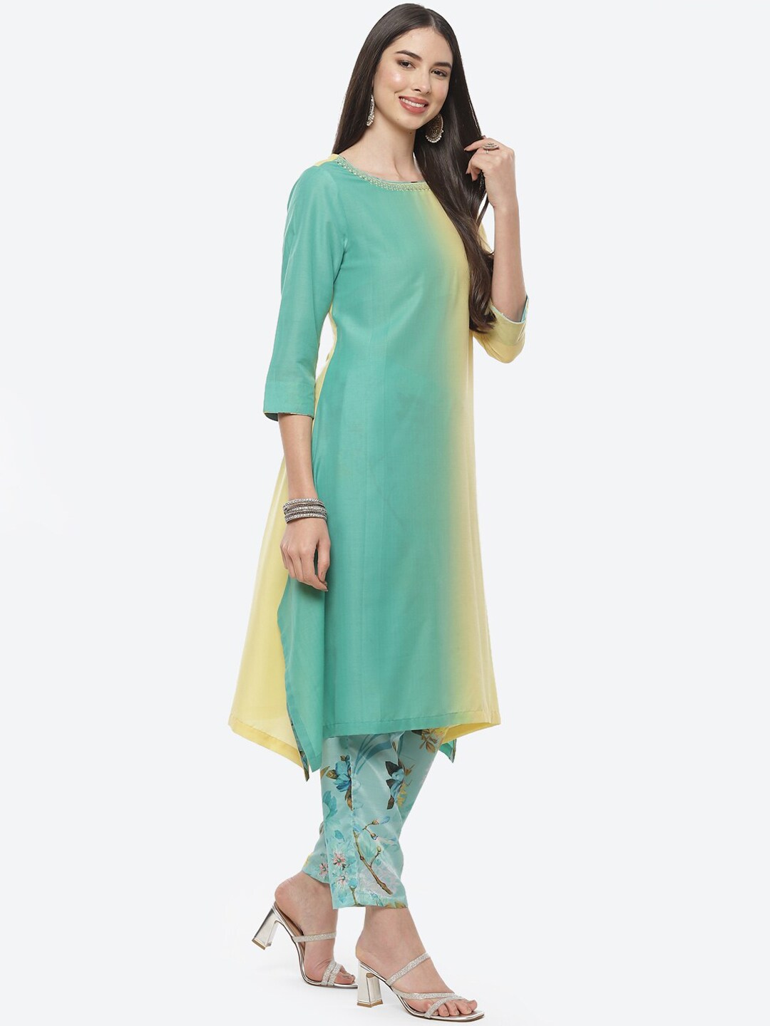 Biba Women Sea Green & Yellow Kurta with Trousers & Dupatta - Distacart