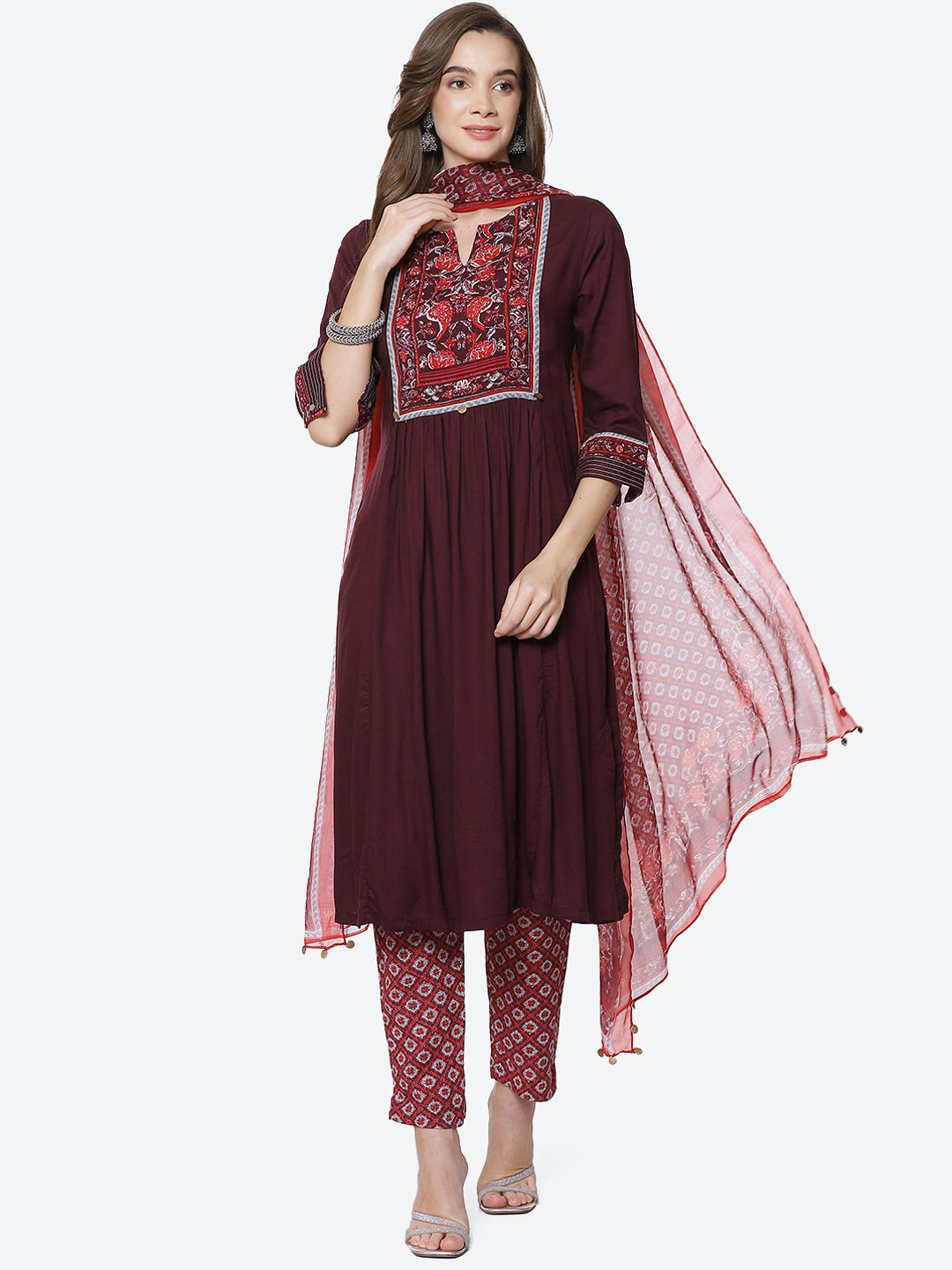 Biba Women Burgundy Yoke Design Panelled Kura with Trousers & Dupatta - Distacart