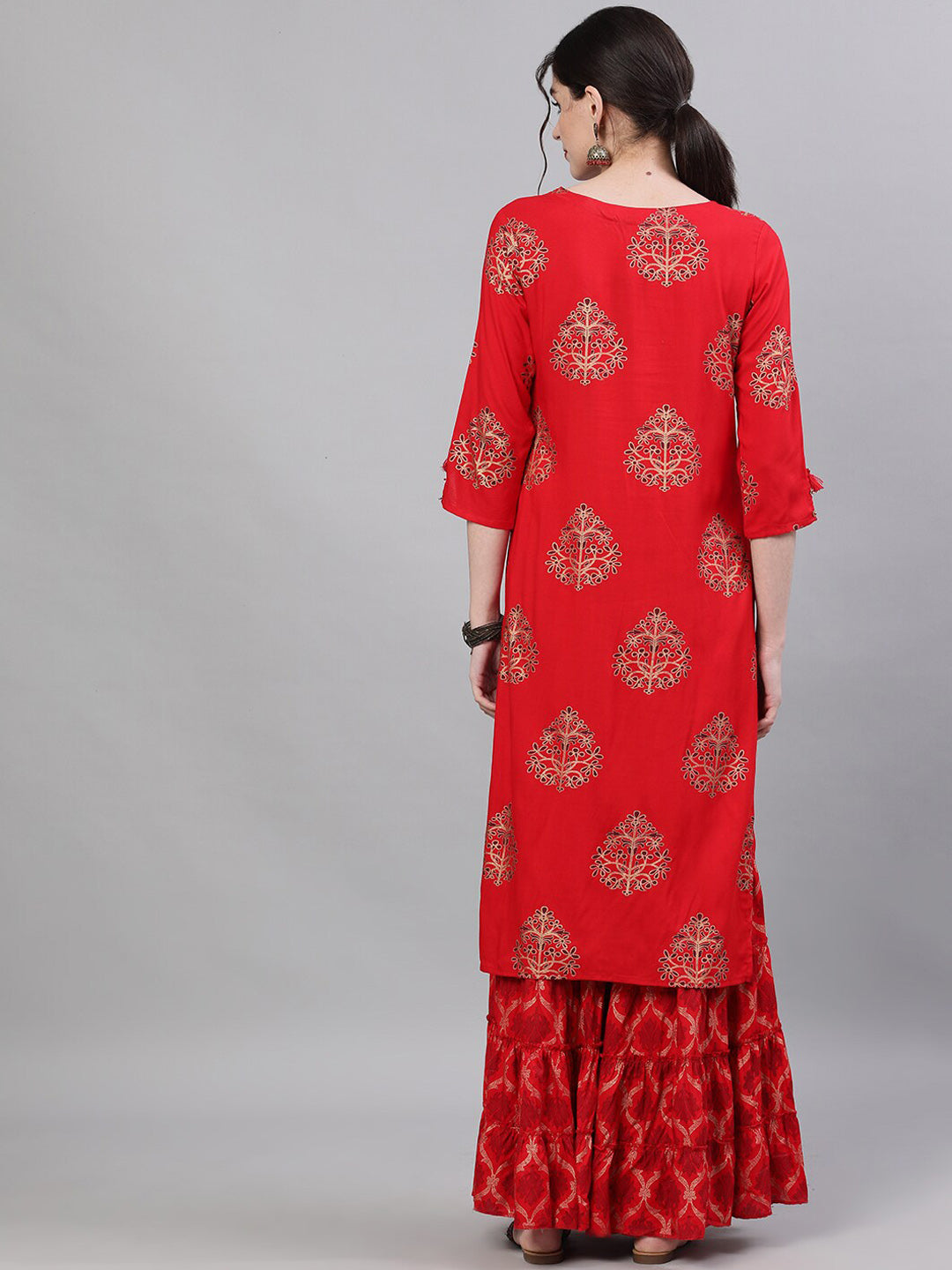 Ishin Women Red Printed A-Line Kurta with Skirt - Distacart