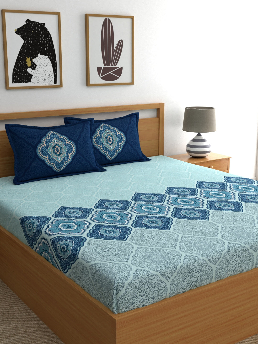 Dreamscape Blue Ethnic 144 TC Cotton Bedsheet with Reversible Pillow Covers - Distacart