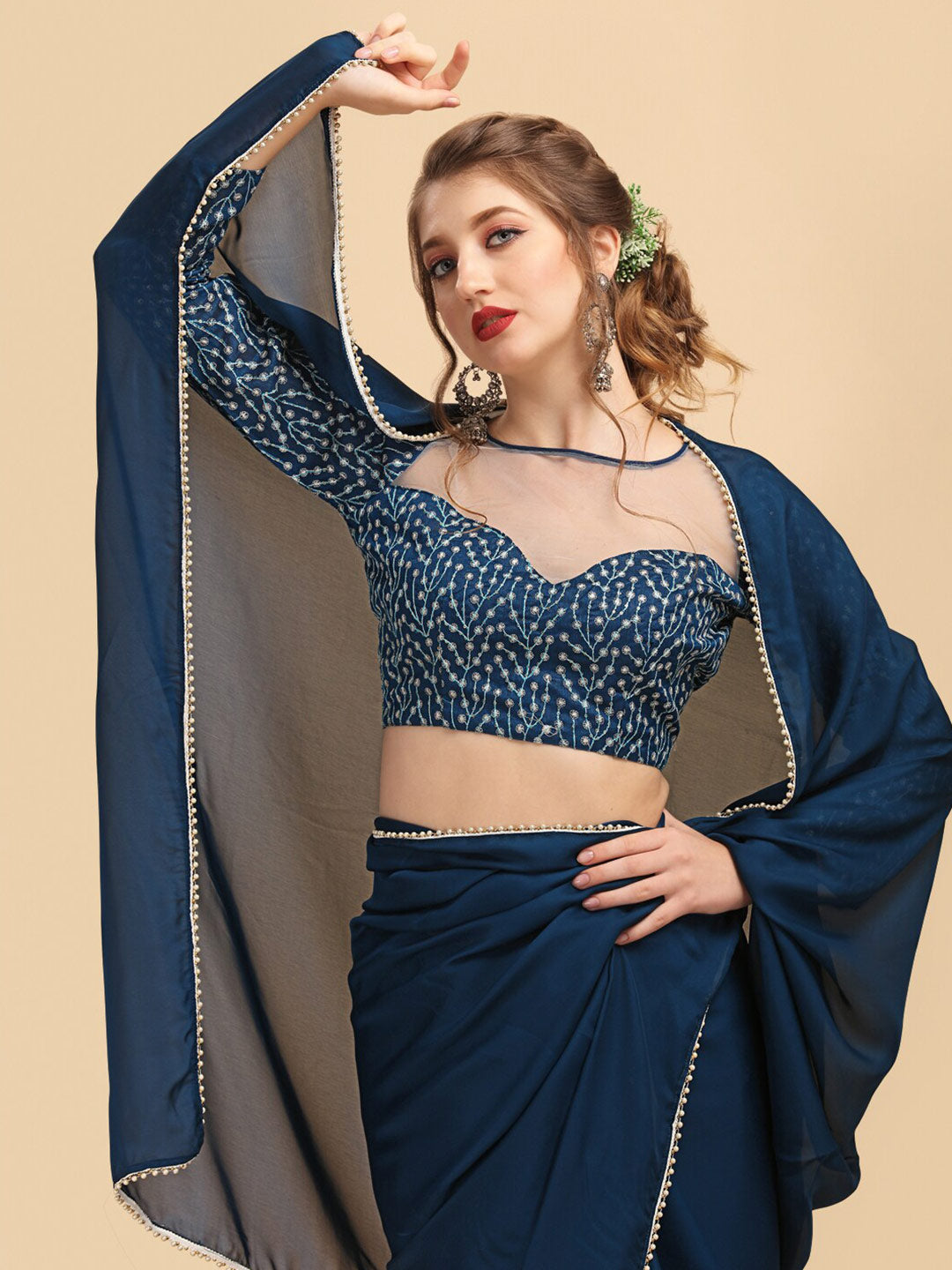 Sangria Satin Saree With Beads & Stones Embellished Border - Distacart