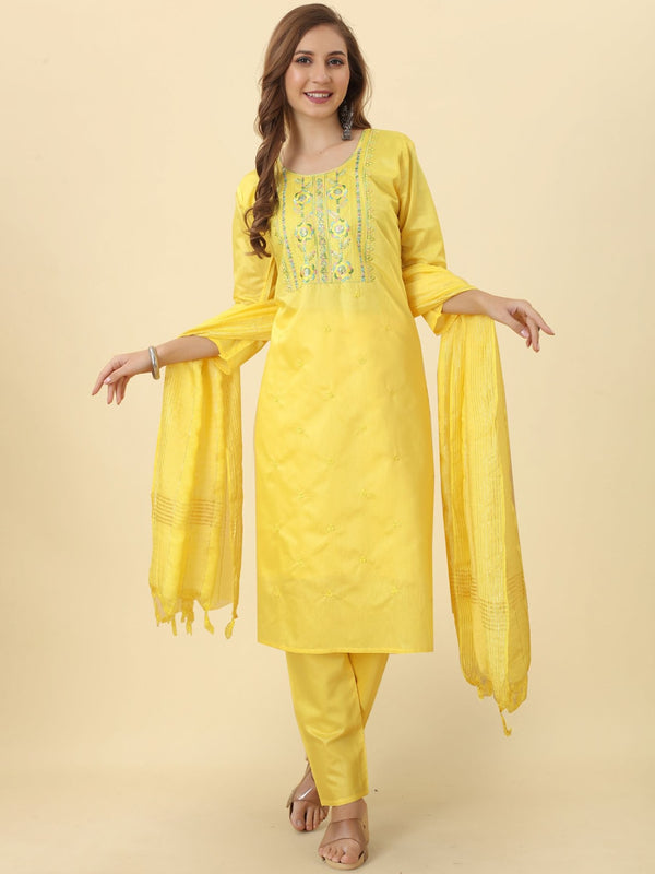 Kalini Ethnic Motifs Embroidered Regular Chanderi Silk Kurta With Trousers & Dupatta - Distacart