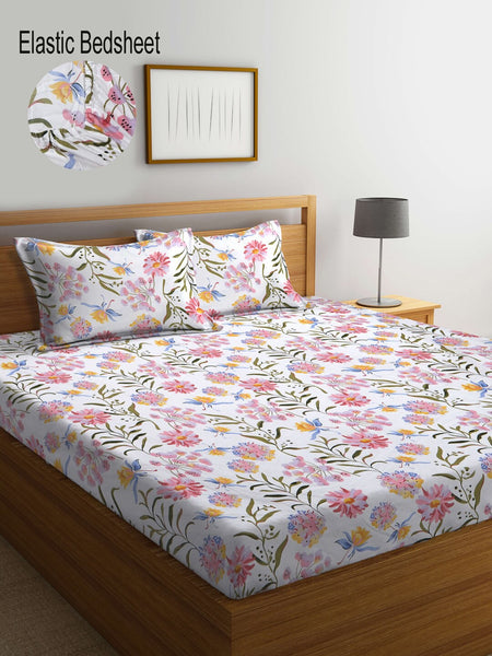 KLOTTHE Floral 300 TC Fitted Super King Bedsheet with 2 Pillow Covers - Distacart