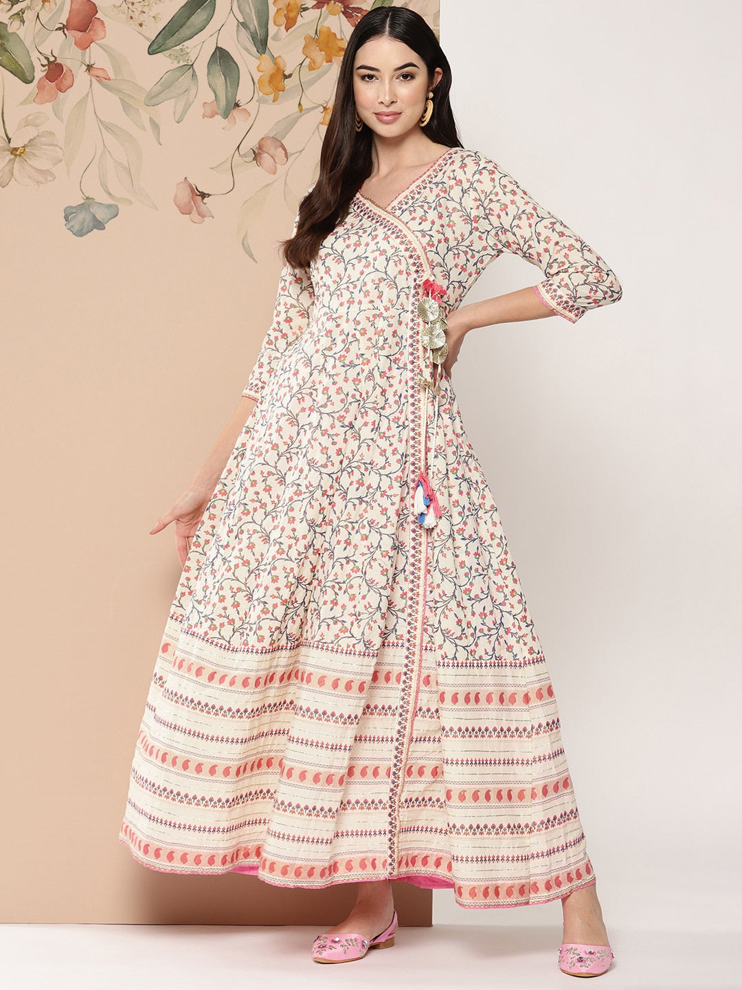 Kalini Floral Printed Tie-Up Detail Angrakha Style Anarkali Kurta - Distacart