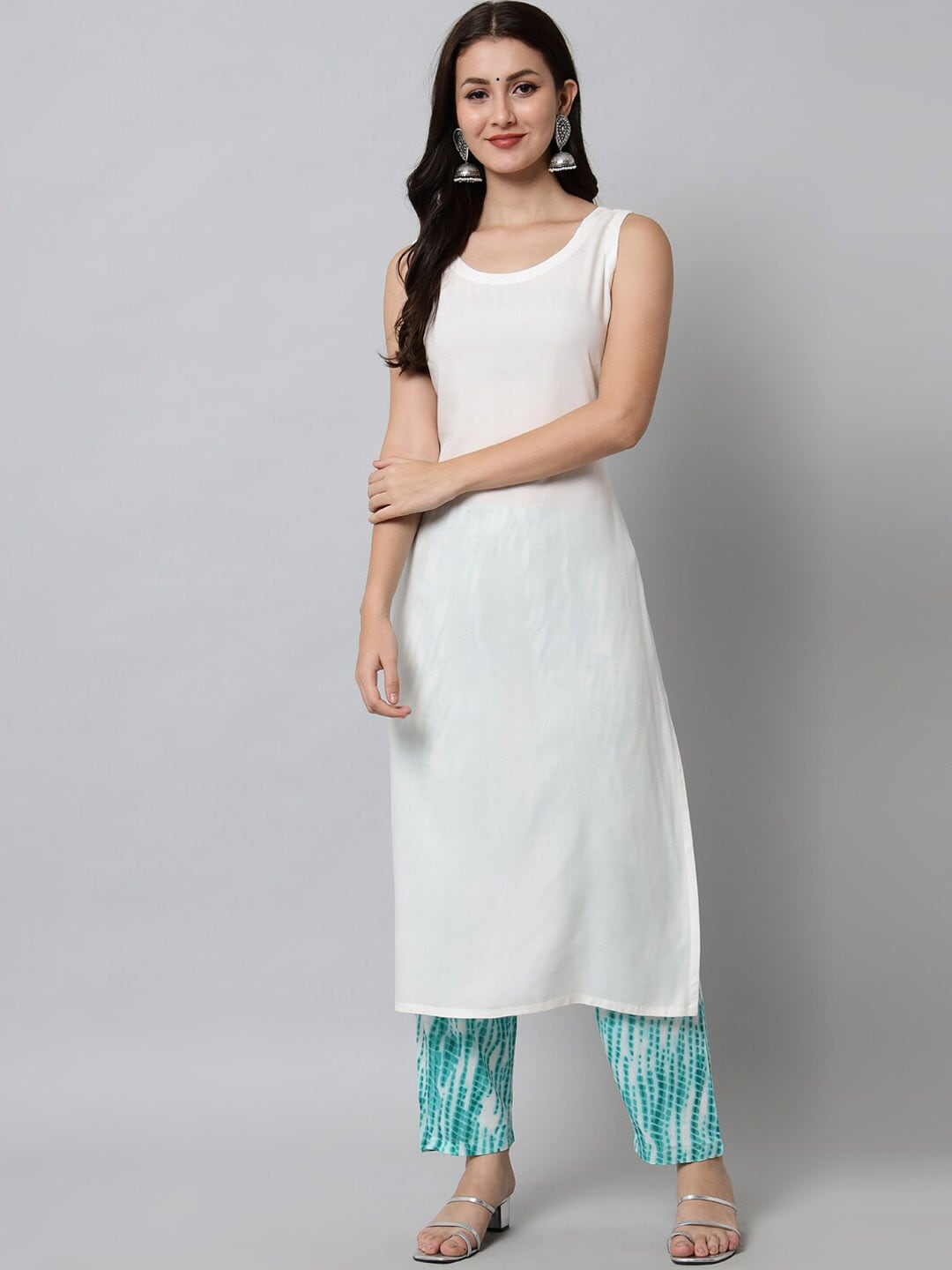 Kalini Women White & Blue Viscose Rayon Straight Kurta with Trousers - Distacart