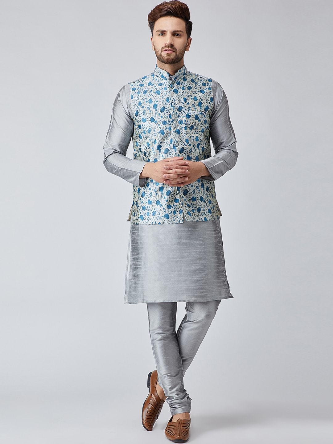 Sojanya Men Grey & Blue Self Design Kurta with Churidar & Nehru Jacket - Distacart