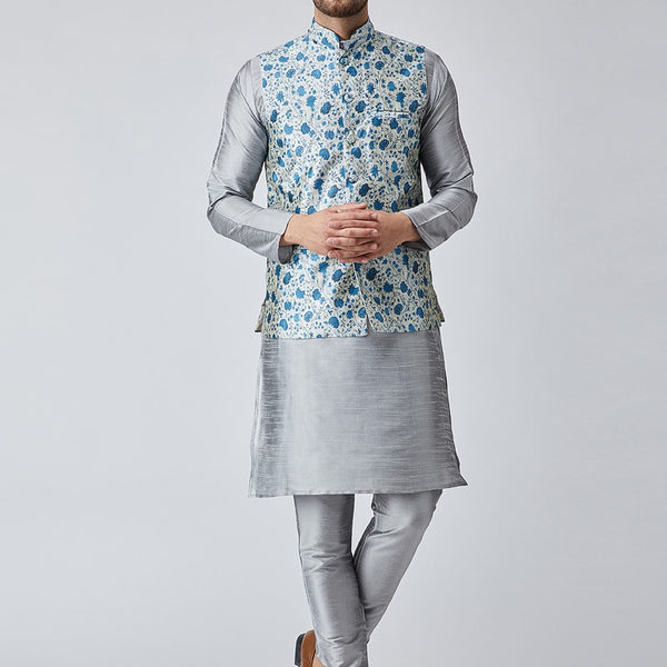 Sojanya Men Grey & Blue Self Design Kurta with Churidar & Nehru Jacket - Distacart