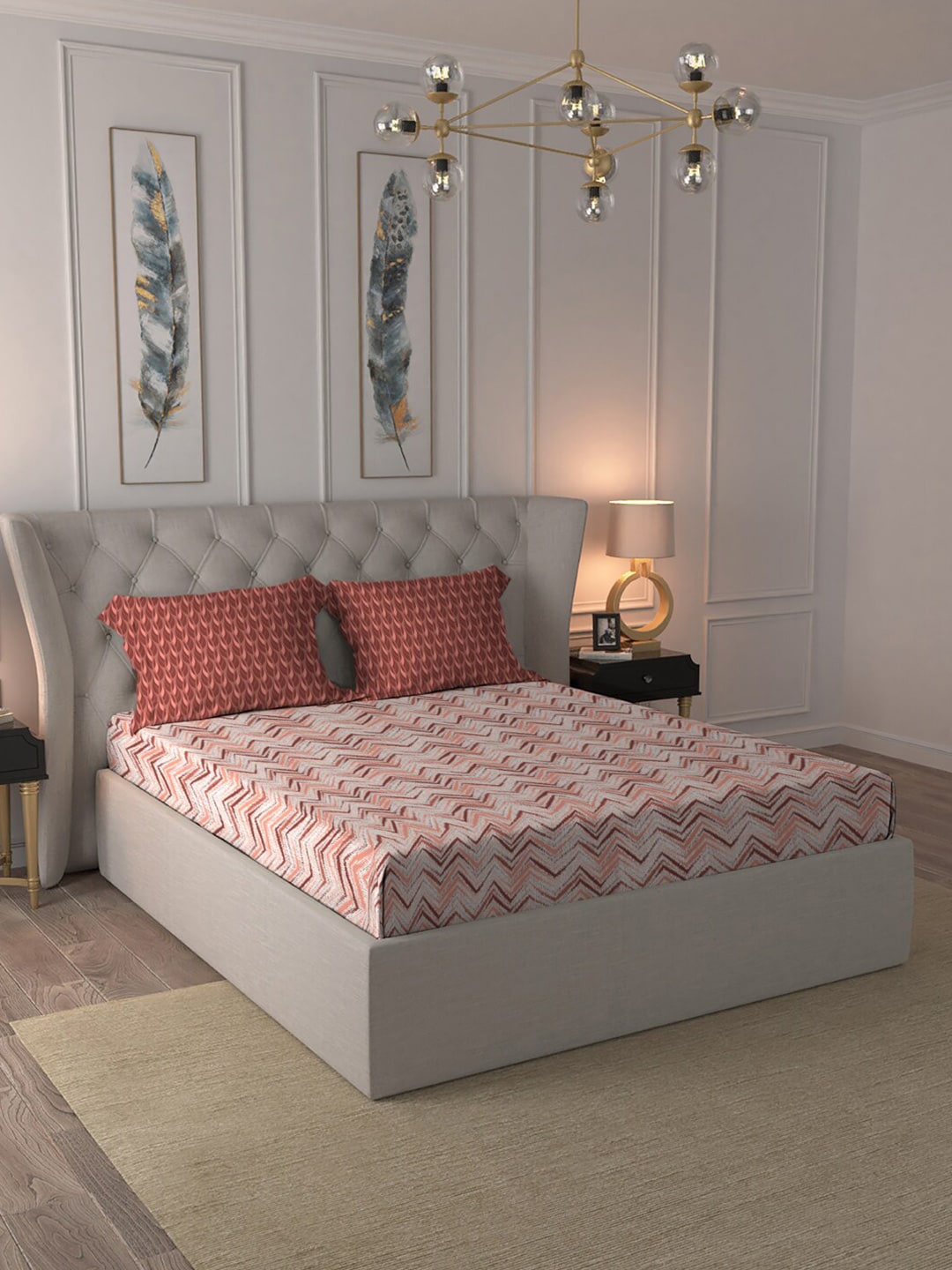 MYTRIDENT Peach Maroon Geometric Pure Cotton 144 TC Queen Bedsheet Pillow Covers - Distacart