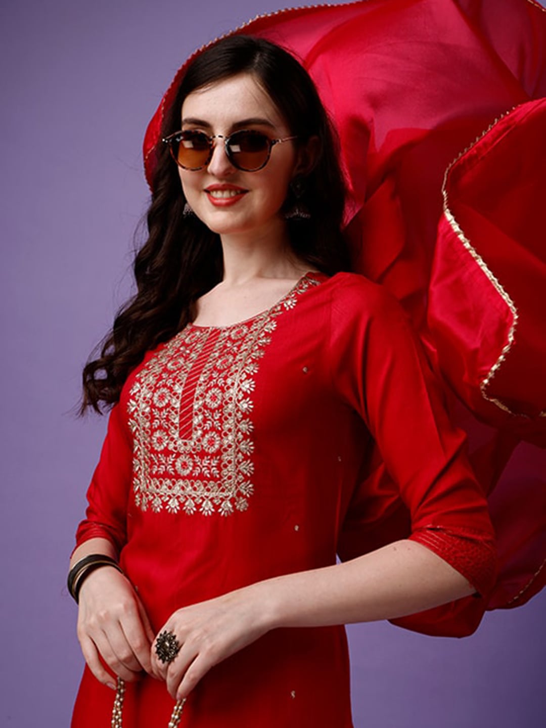 Kalini Women Red Embroidered Regular Thread Work Kurta with Trousers & With Dupatta - Distacart