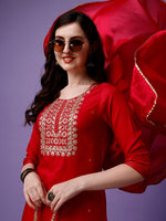 Thumbnail for Kalini Women Red Embroidered Regular Thread Work Kurta with Trousers & With Dupatta - Distacart