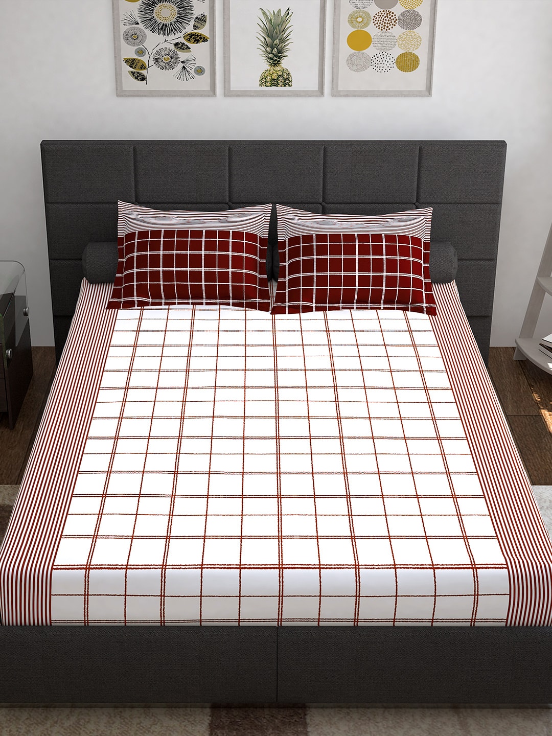 Story@home Maroon & White Geometric 152 TC Queen Bedsheet with 2 Pillow Covers - Distacart