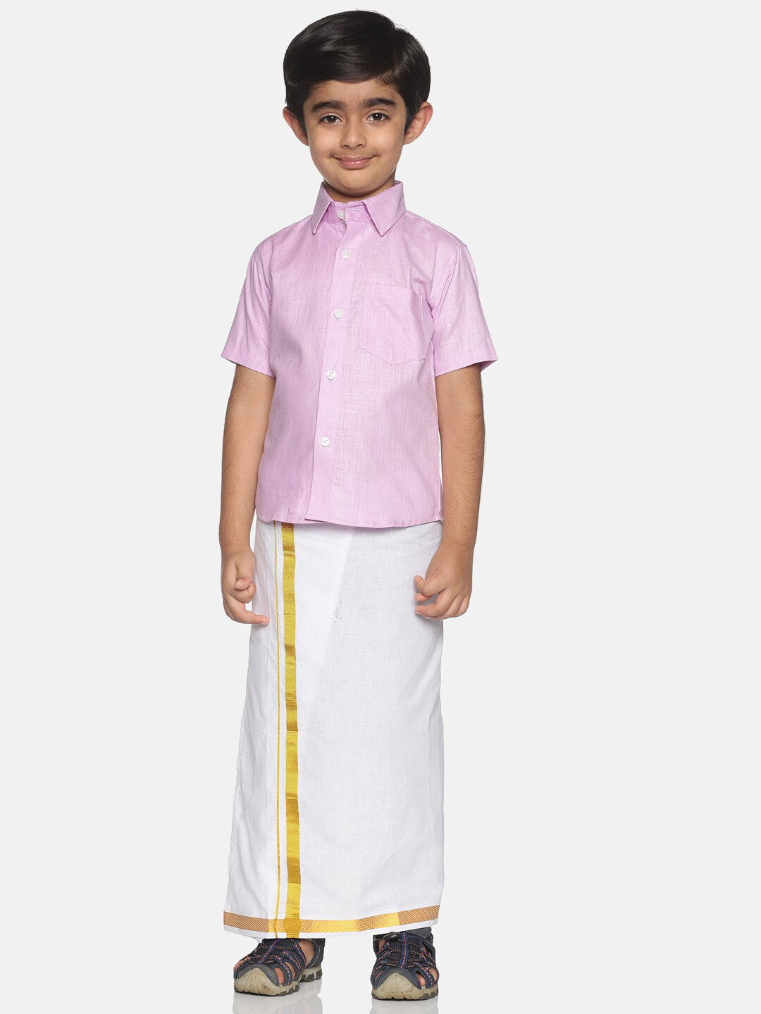 Sethukrishna Pink & White Solid Shirt and Veshti Set For Boys - Distacart
