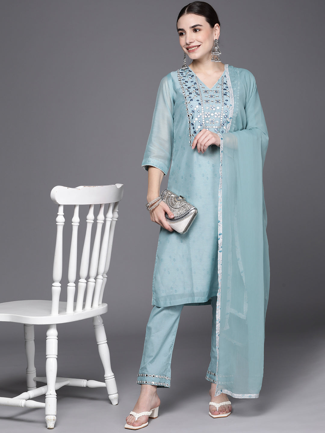 Biba Women Blue Ethnic Motifs Yoke Design Kurta with Trousers & Dupatta - Distacart